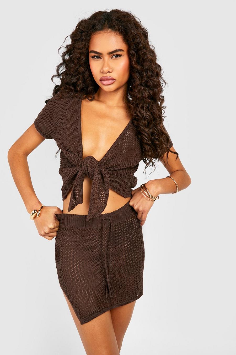 Chocolate brown Crochet Tie Front Top And Mini Skirt Set