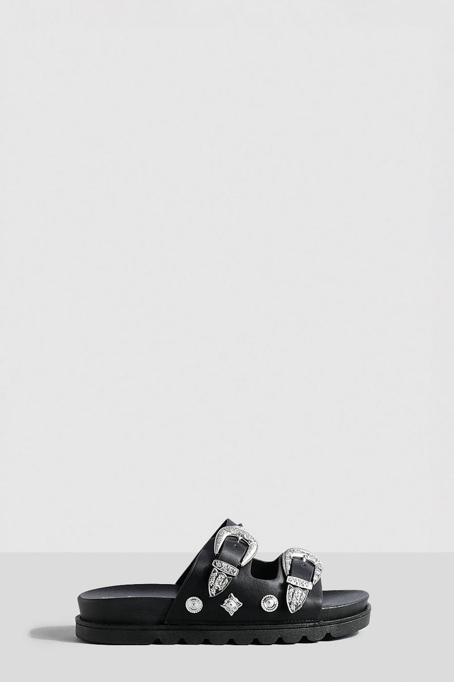 Sandalias gruesas estilo Western con ribete metálico y plantilla blanda, Black image number 1