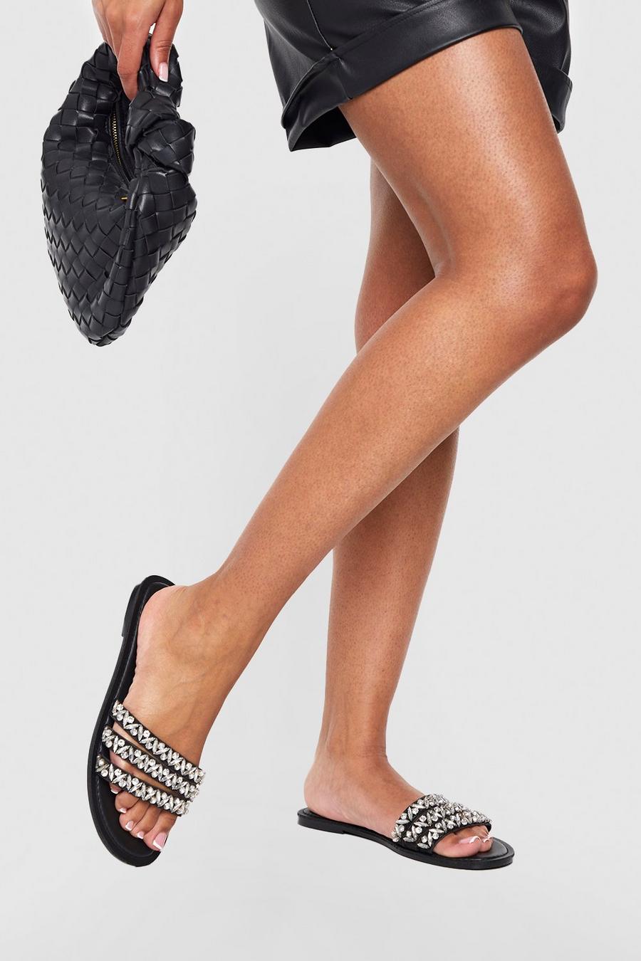 Black svart Wide Fit Multi Strap Rhinestone Embellished Sandals 