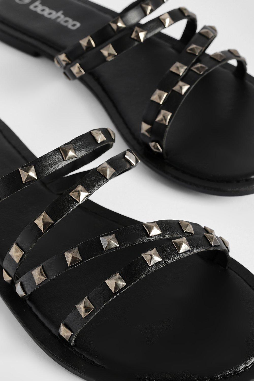 Studded Multi Strap Slip On Sandals boohoo