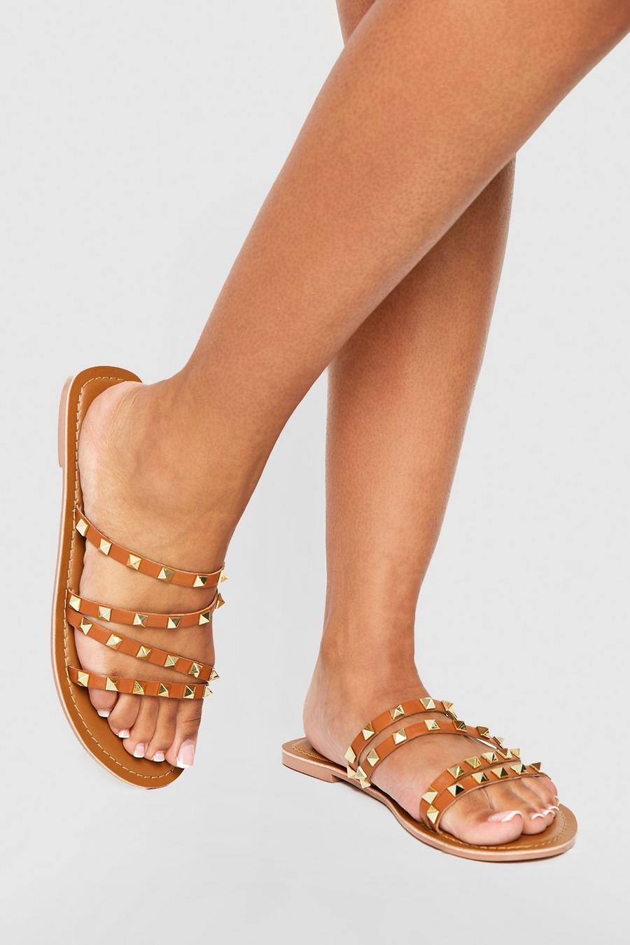 Studded Multi Strap Slip On Sandals, Tan marrone