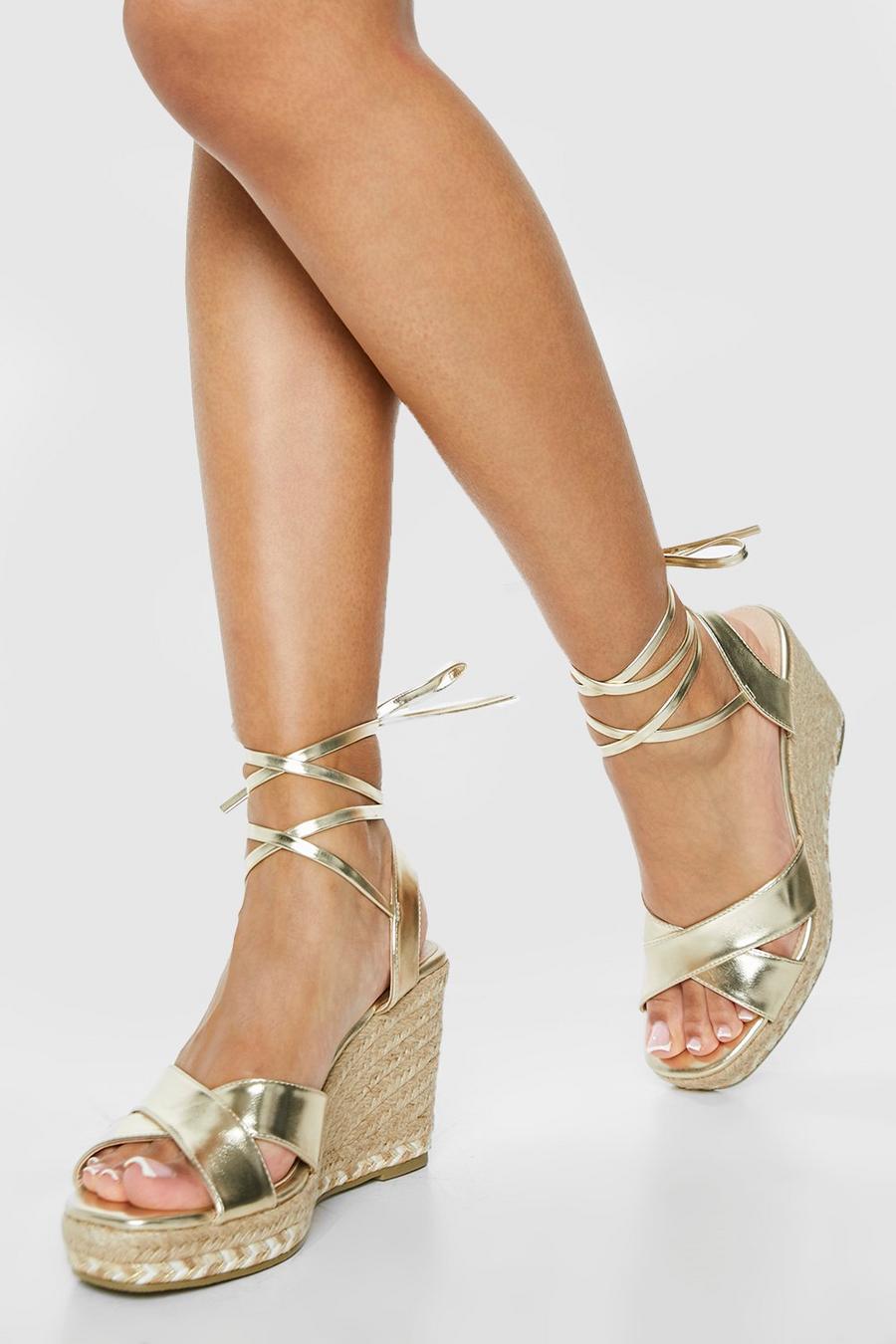 Gold Metallic Cross Over Wrap Up Wedges image number 1