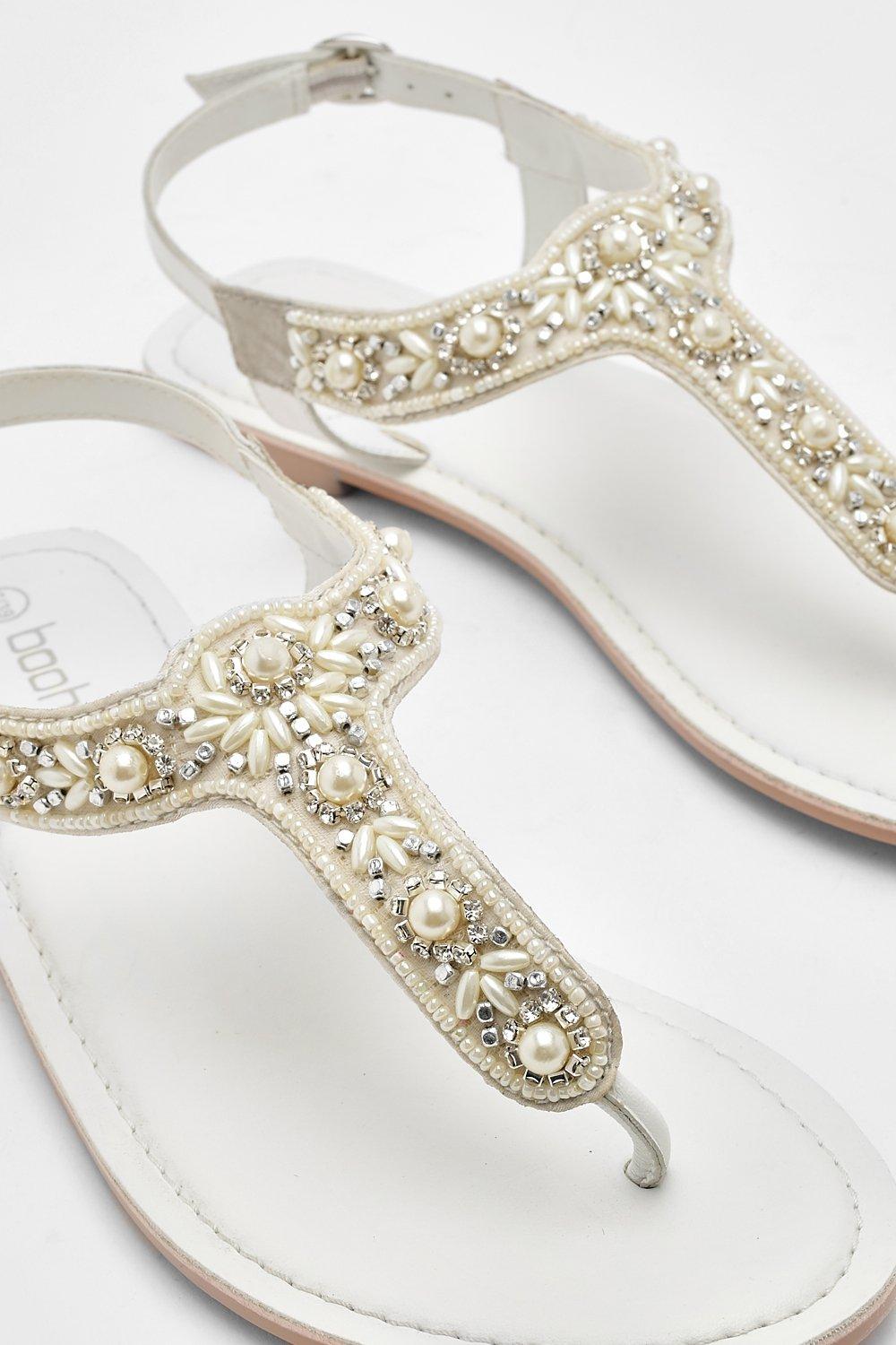 Leather Toe Post Pearl Embellished Sandals Boohoo UK