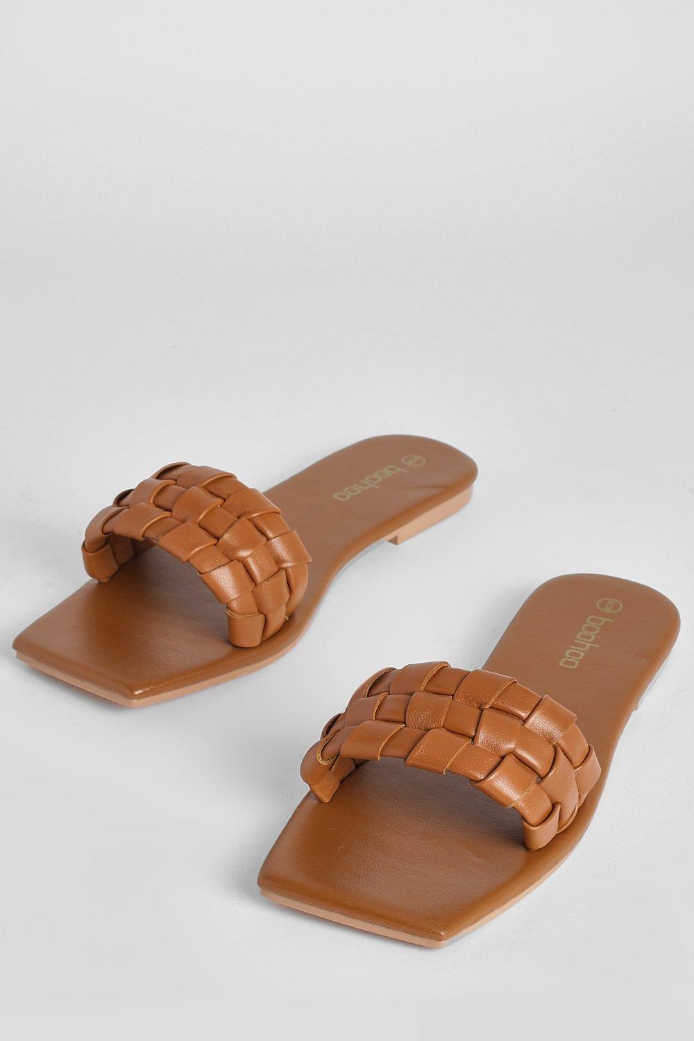 Leather Woven Lattice Detail Slip On Sandals boohoo