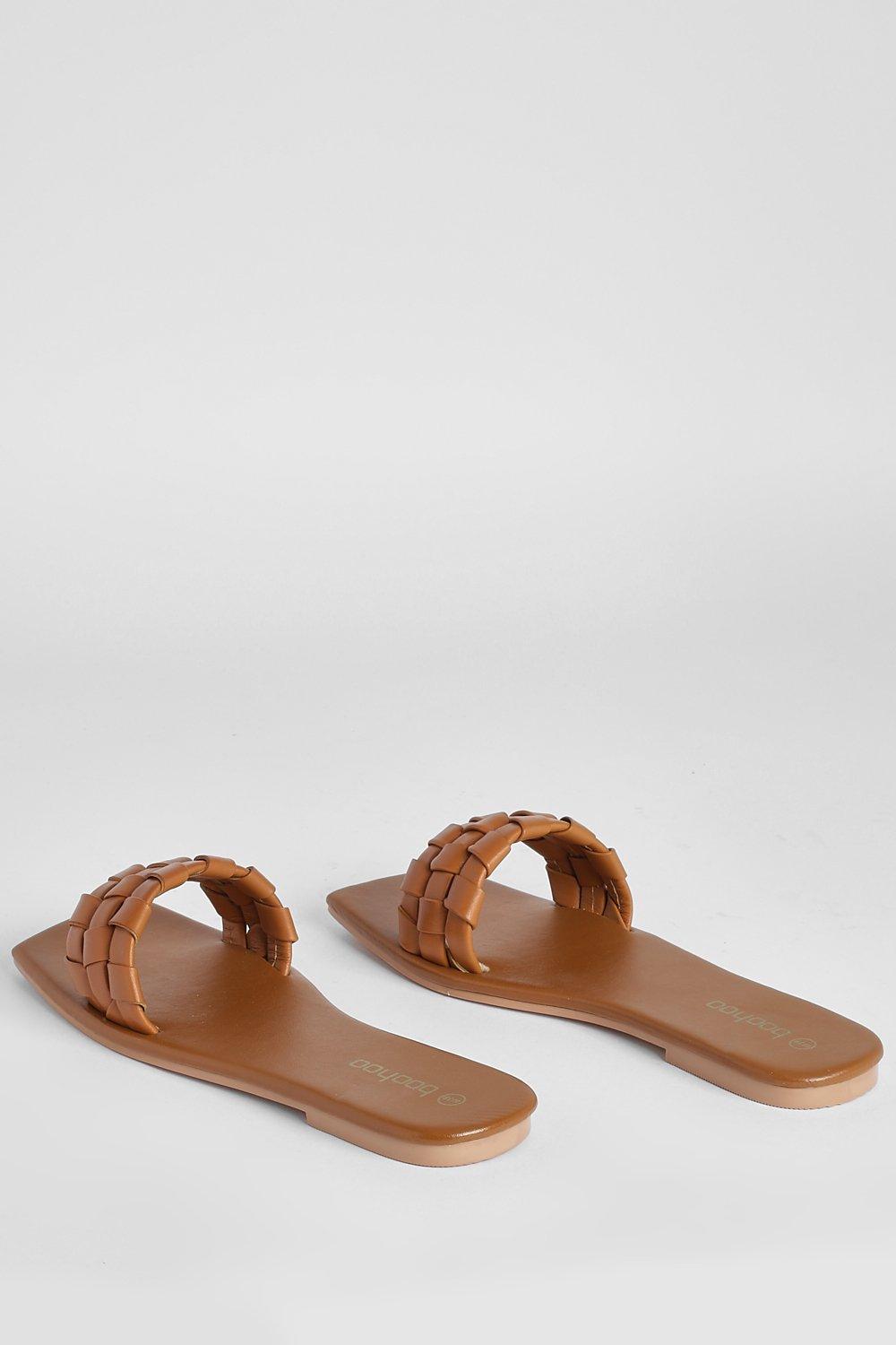 Leather Woven Lattice Detail Slip On Sandals boohoo