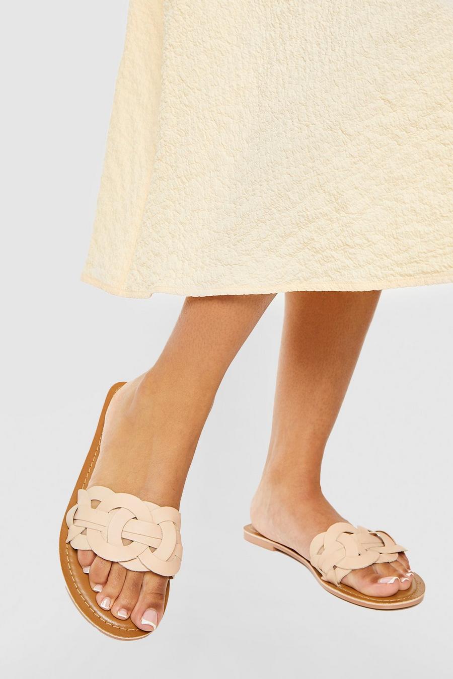 Nude Leather Woven Detail Slip On Sandals image number 1