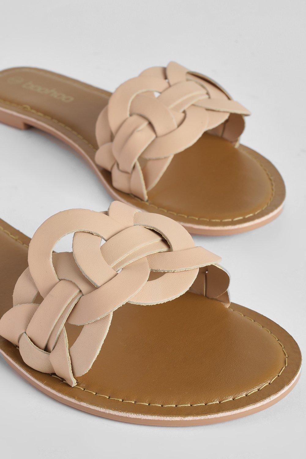 Leather Woven Detail Slip On Sandals boohoo