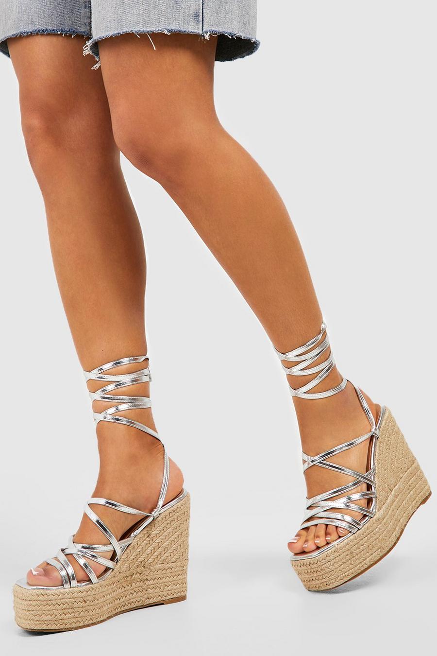 Silver Metallic Strappy Wrap Up Wedges