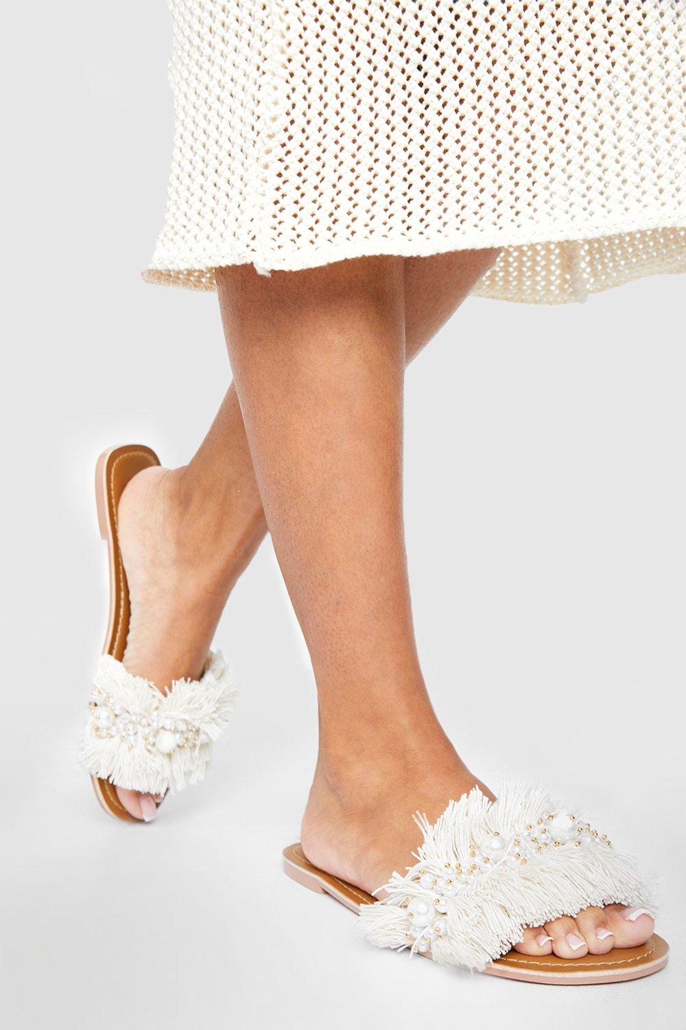 Pom Pom Fringe Detail Slip On Sandals boohoo