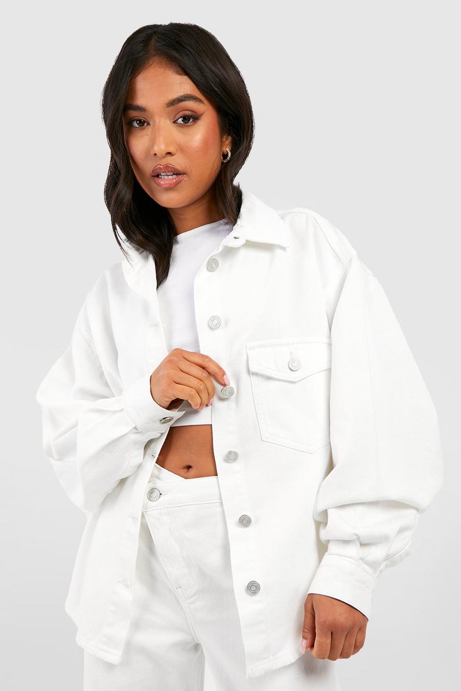Ecru white Petite Denim Oversized Pocket Detail Shirt