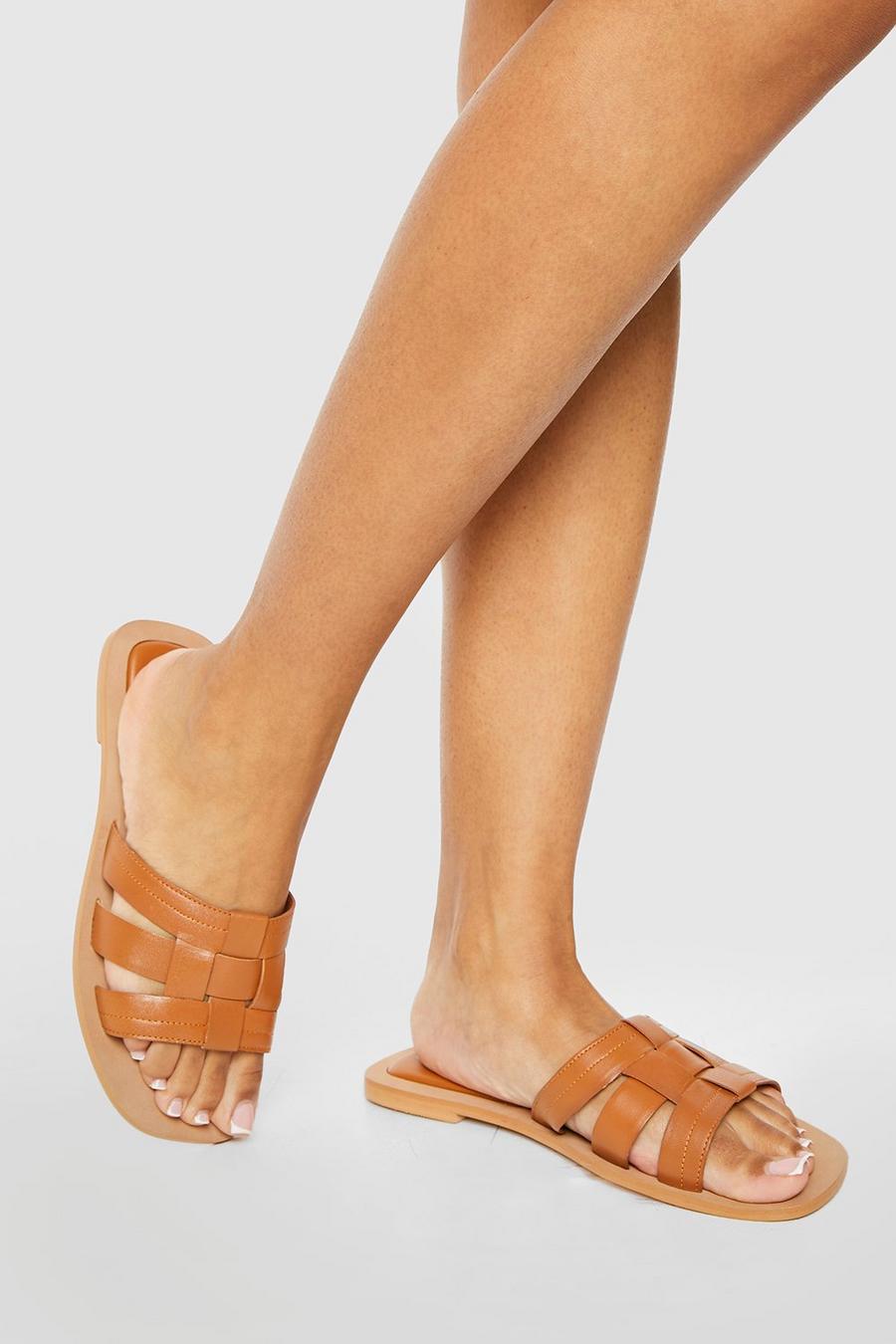 Tan Leather Wide Width Woven Detail Slips On Sandals image number 1