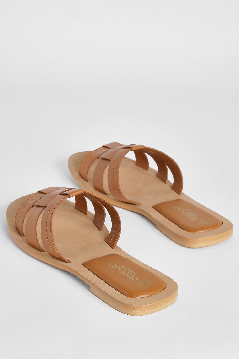 Leather Wide Fit Woven Detail Slips On Sandals Boohoo UK