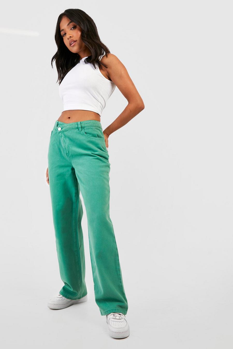 Green Petite Denim Asymmetric Waist Detail Straight Leg Jeans image number 1