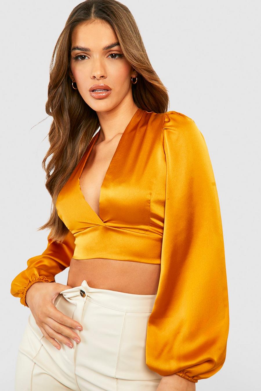 Rust Satin Puff Sleeve Top image number 1