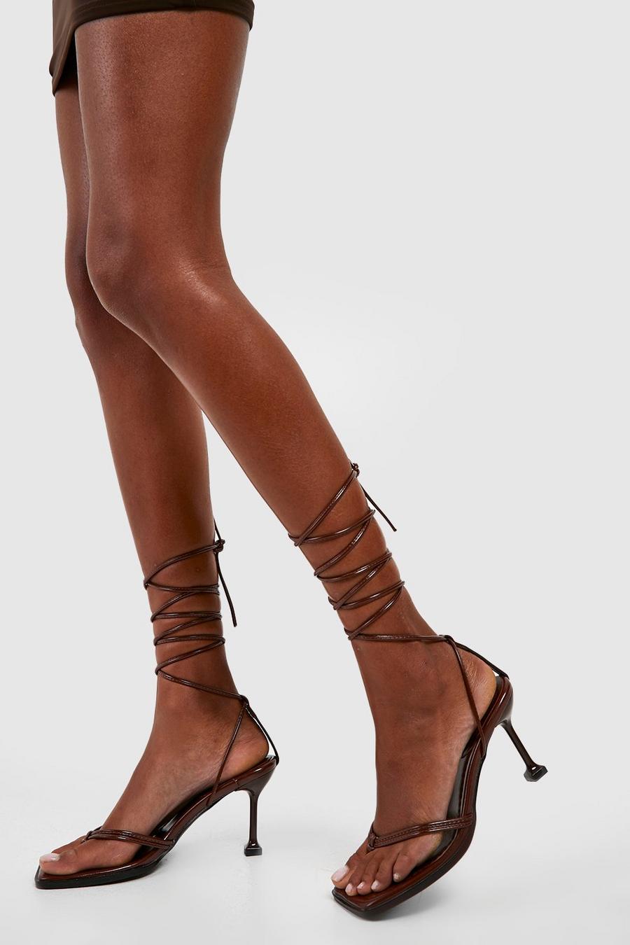 Chocolate Padded Insole Strappy Lace Up Heels image number 1