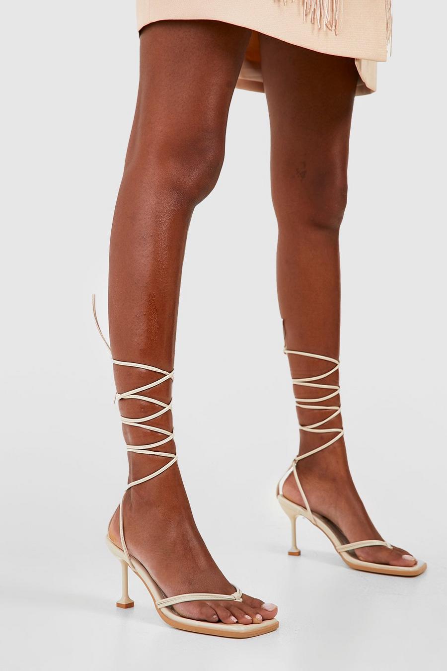 Cream Padded Insole Strappy Lace Up Heels image number 1