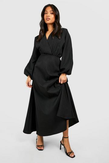 Black Petite Puff Sleeve Wrap Maxi Dress