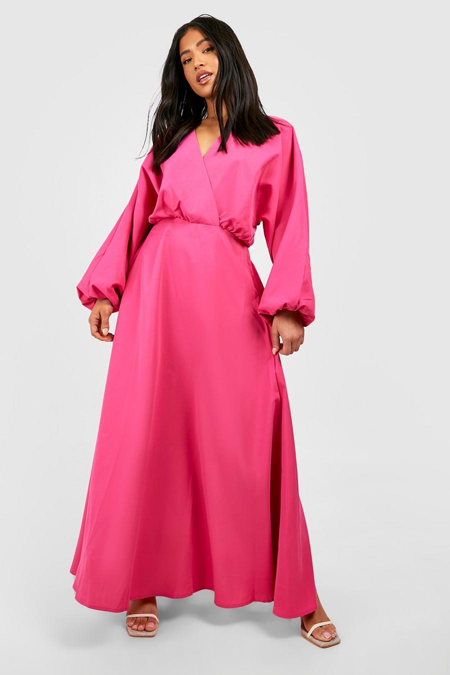 Pink Petite Puff Sleeve Wrap Maxi Dress