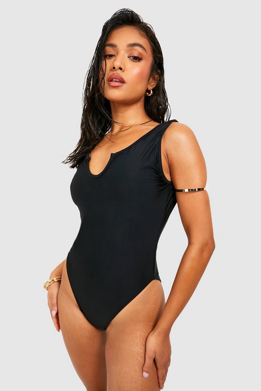 Black Petite Essentials Notch Front Swimsuit image number 1