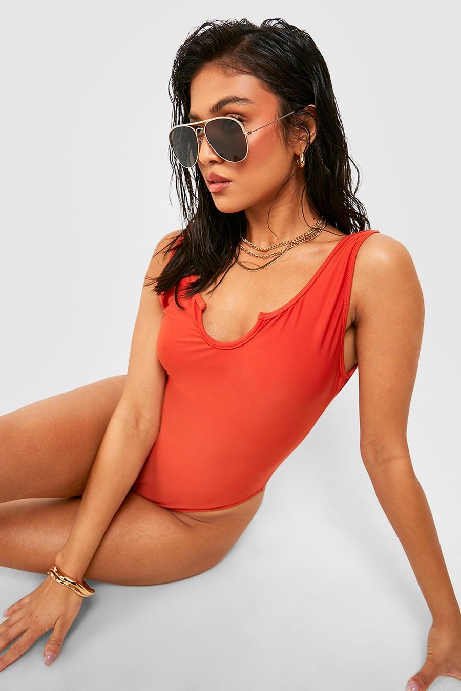 Red Petite Essentials Notch Front Swimsuit
