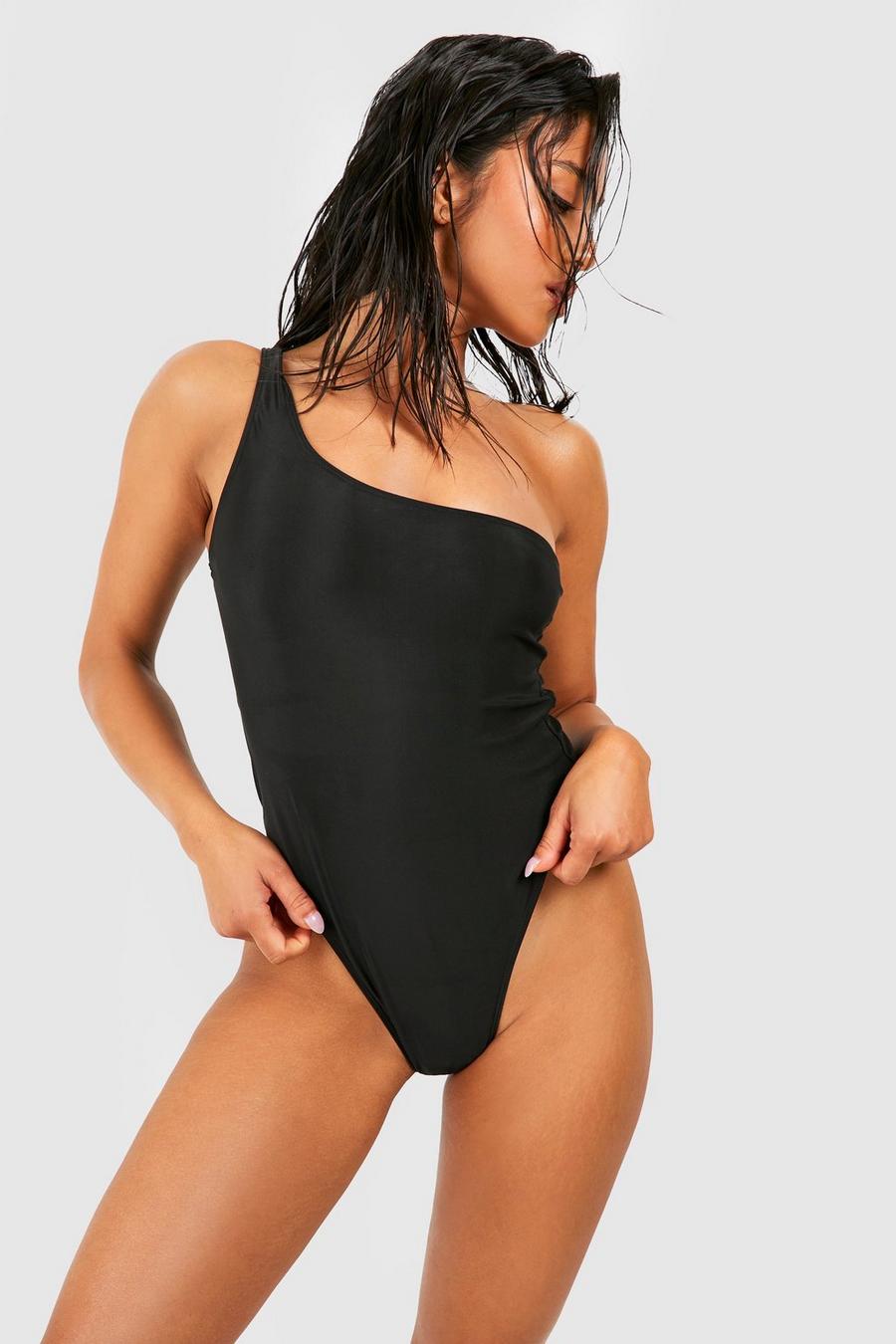 Black Petite Essentials One Shoulder Swimsuit  image number 1