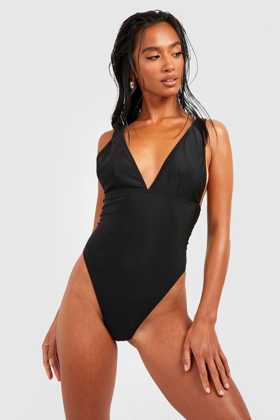 Black svart Petite Essentials Plunge Swimsuit  image number 1