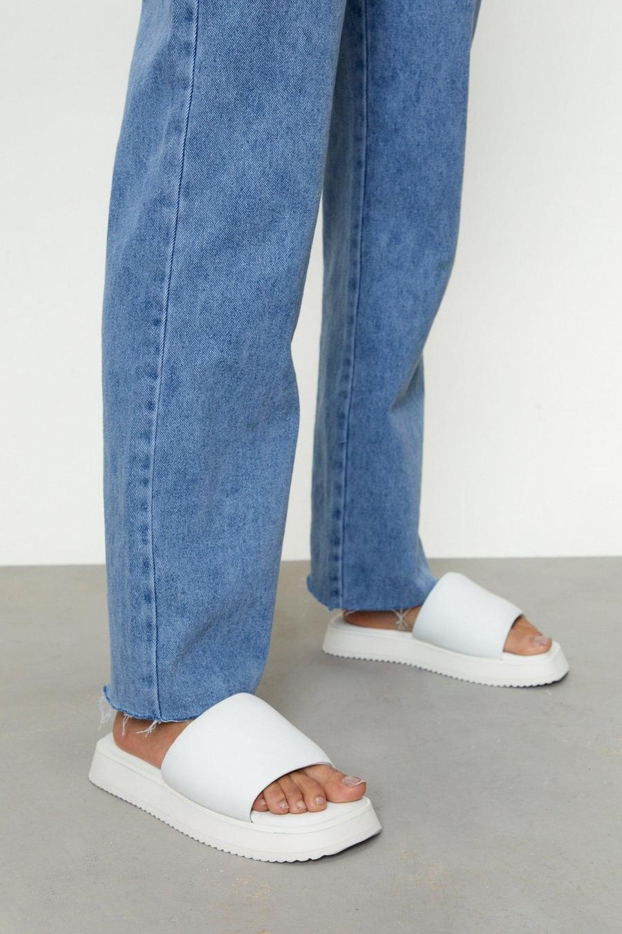 White Real Leather Flatform Mules