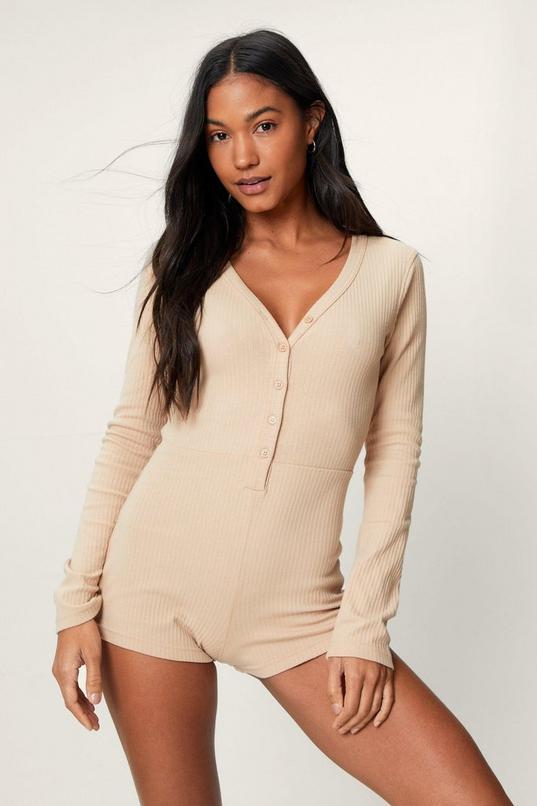 Ribbed Long Sleeve Button Through Romper