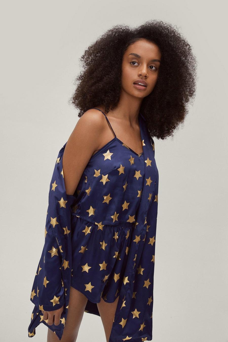 Pyjama 3 pièces satiné à imprimé étoiles avec robe de chambre, Navy image number 1