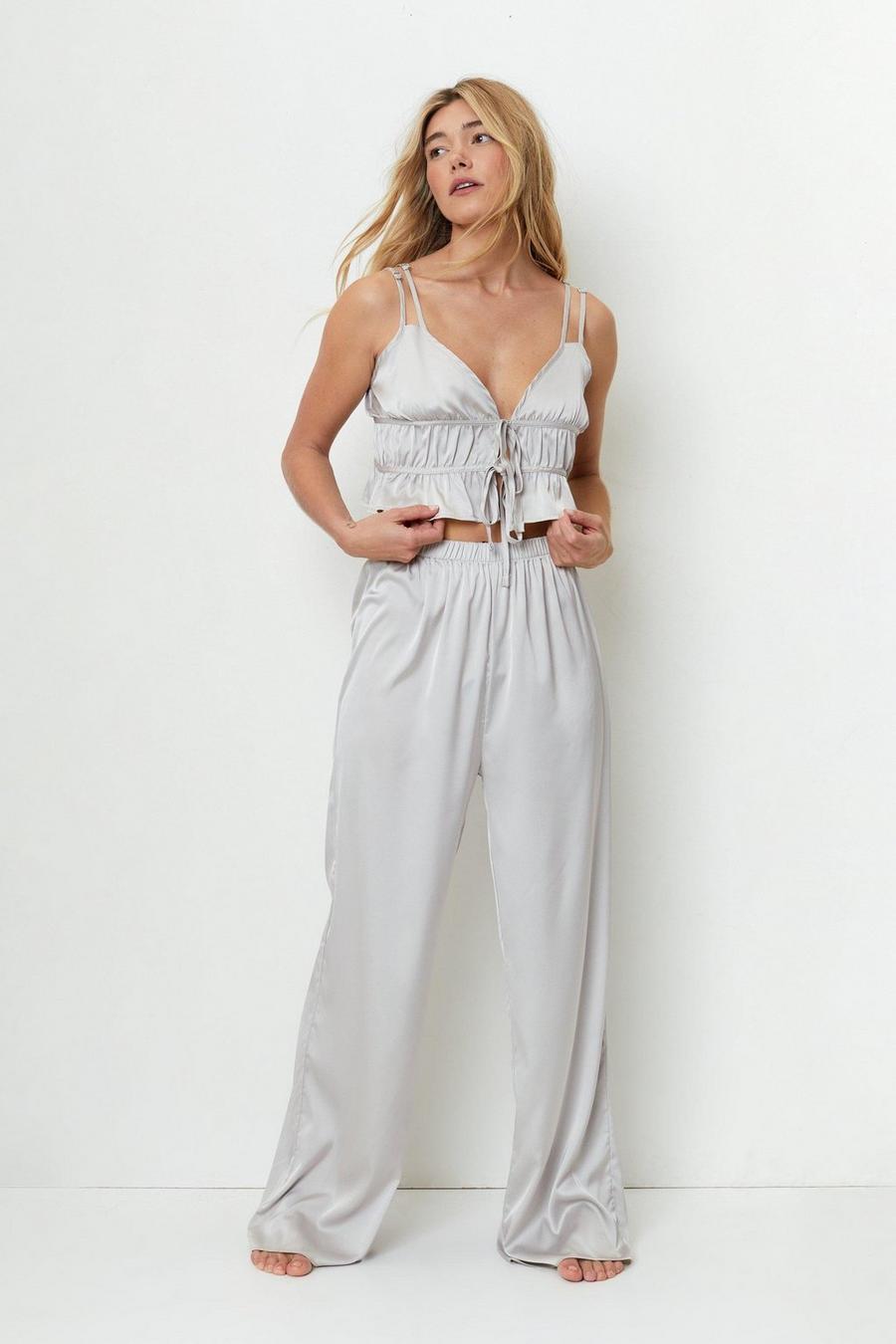 Oyster white Satin Camisole And Wide Leg Pants Pajama Set