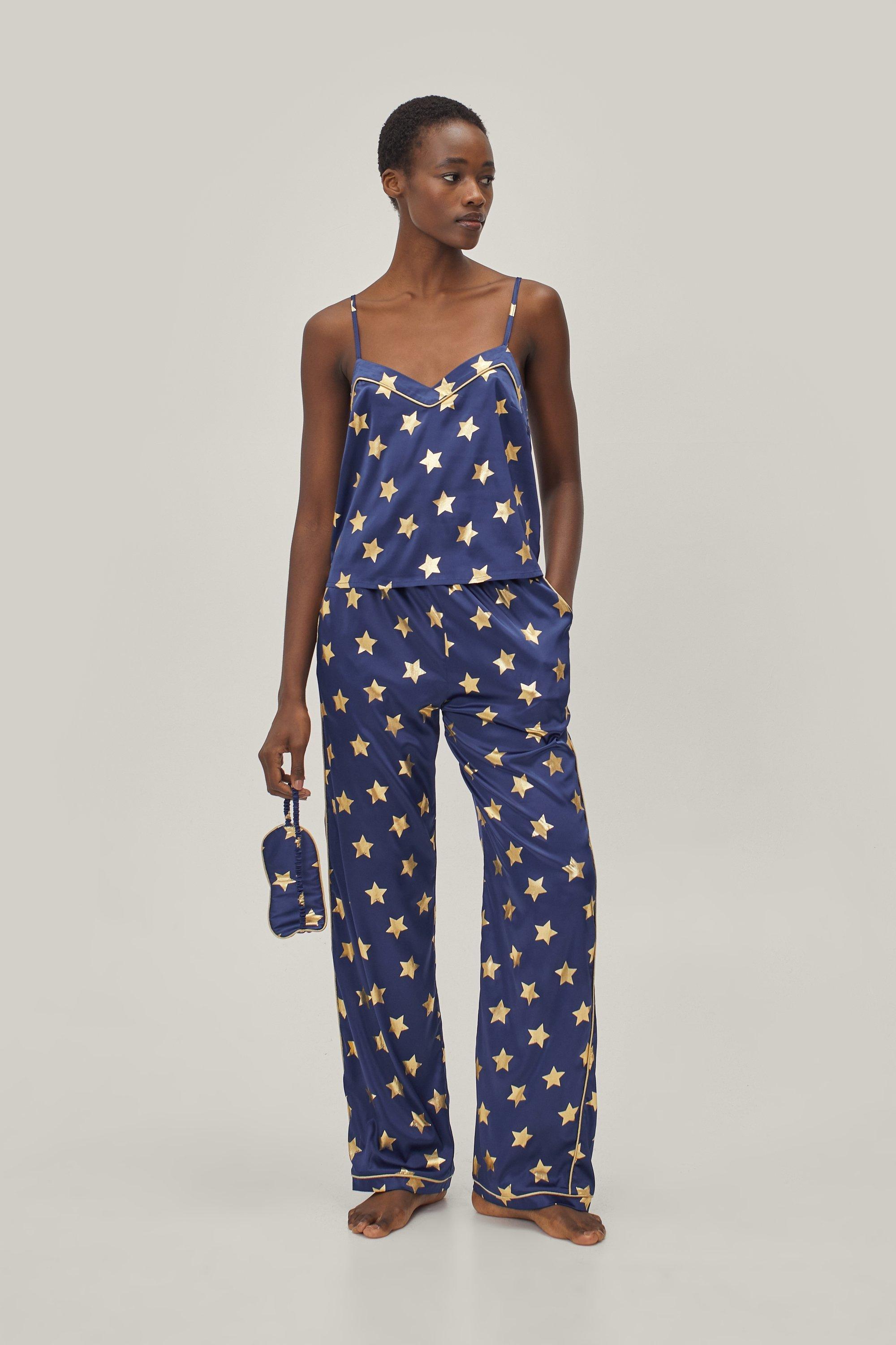 Women's Foil Star Satin 3 Piece Pajama Set