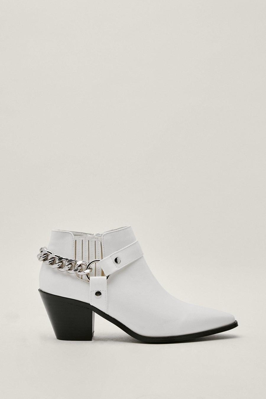 White Recycled Curb Chain Pointed Ankle Western Boots image number 1