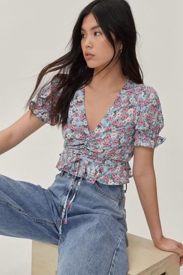 Ruched Tie Floral Smock Crop Top blue