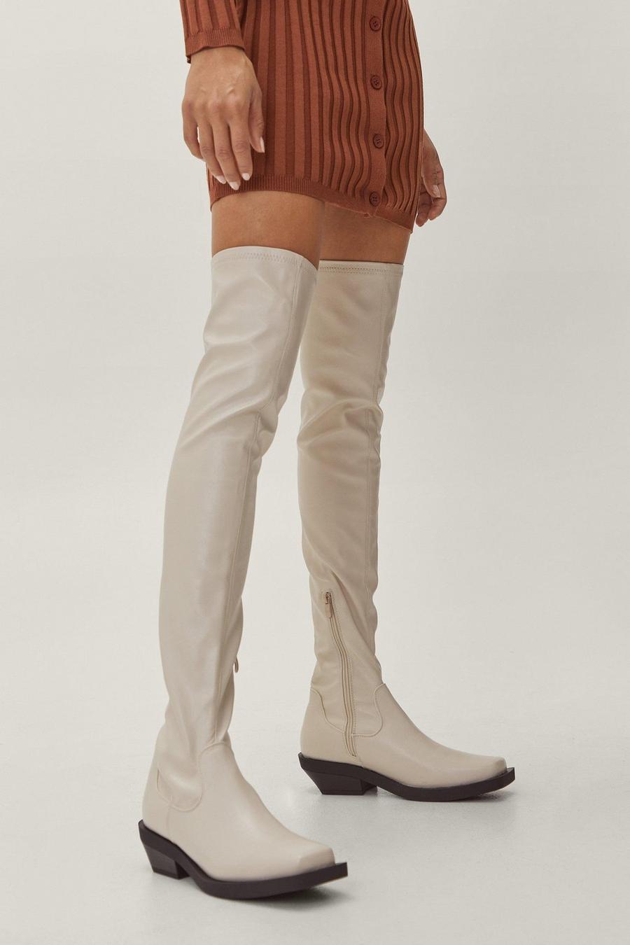 Ecru white Faux Leather Over The Knee Cuban Heel Boots