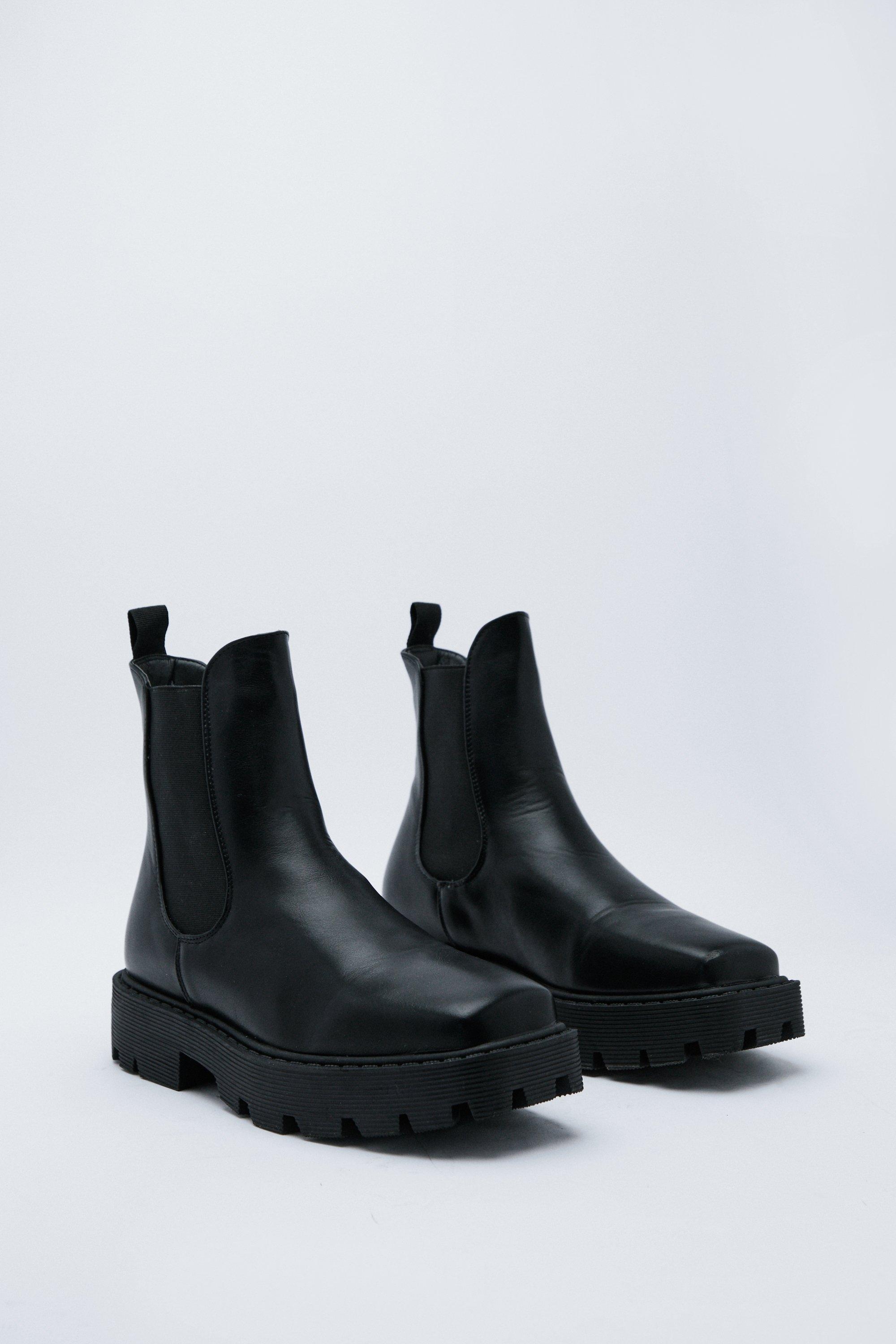 Black faux leather chunky chelsea ankle boots sale