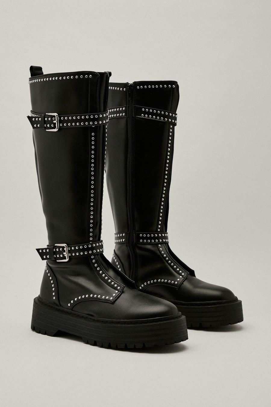 Black Faux Leather Double Buckle Studded Calf High Boots