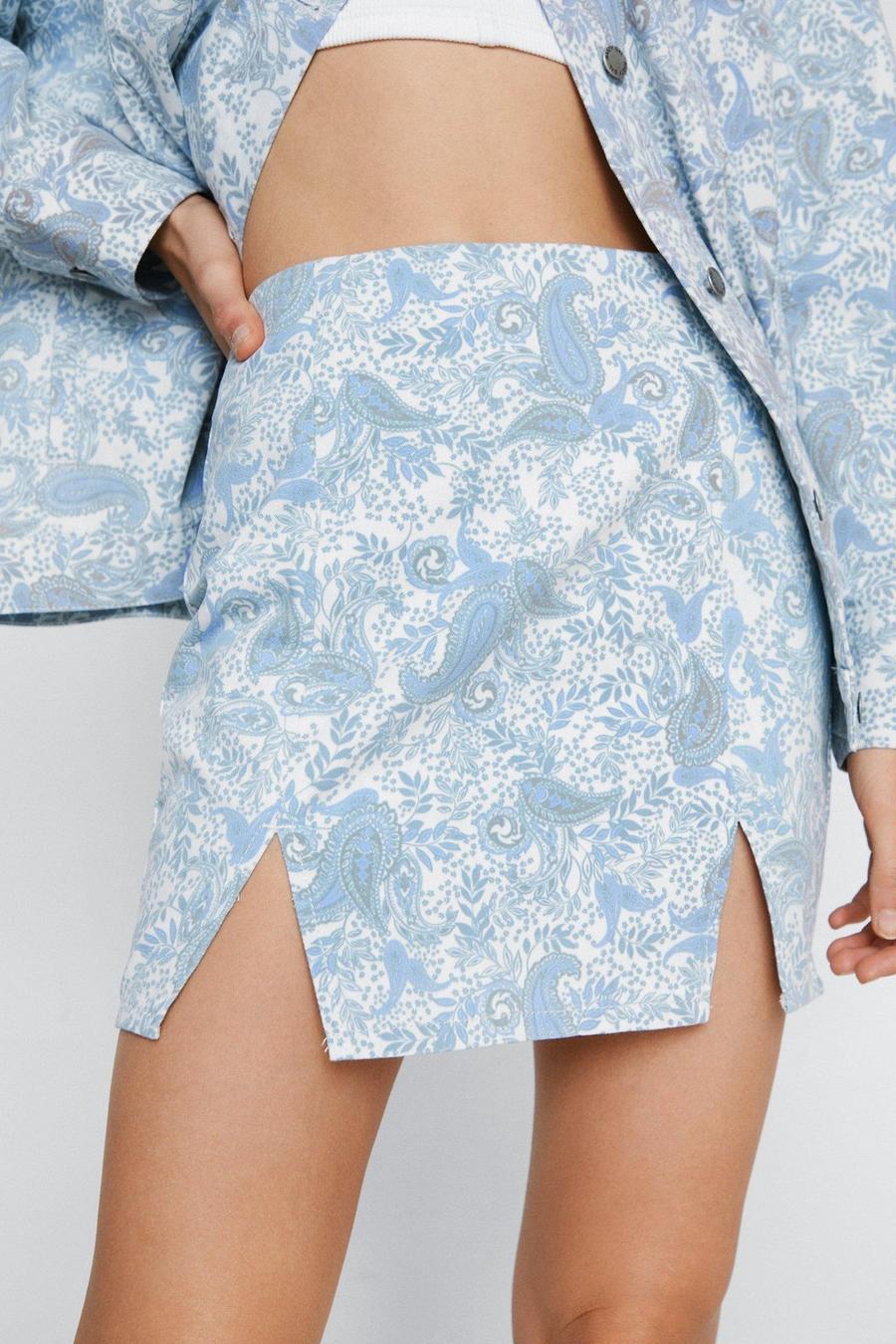 Blue Paisley Print Denim Split Front Mini Skirt