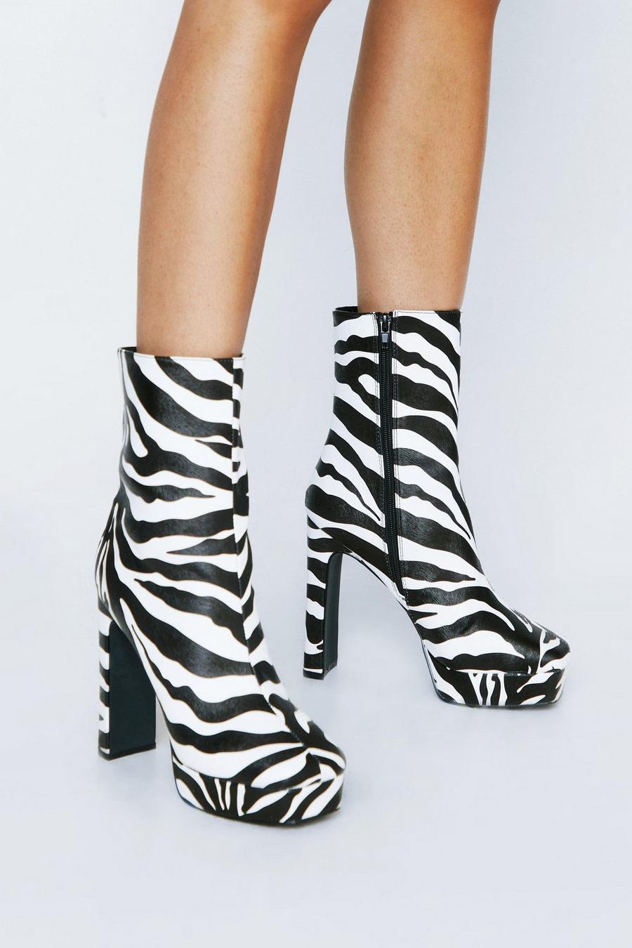 Black Zebra Print Platform Ankle Boots