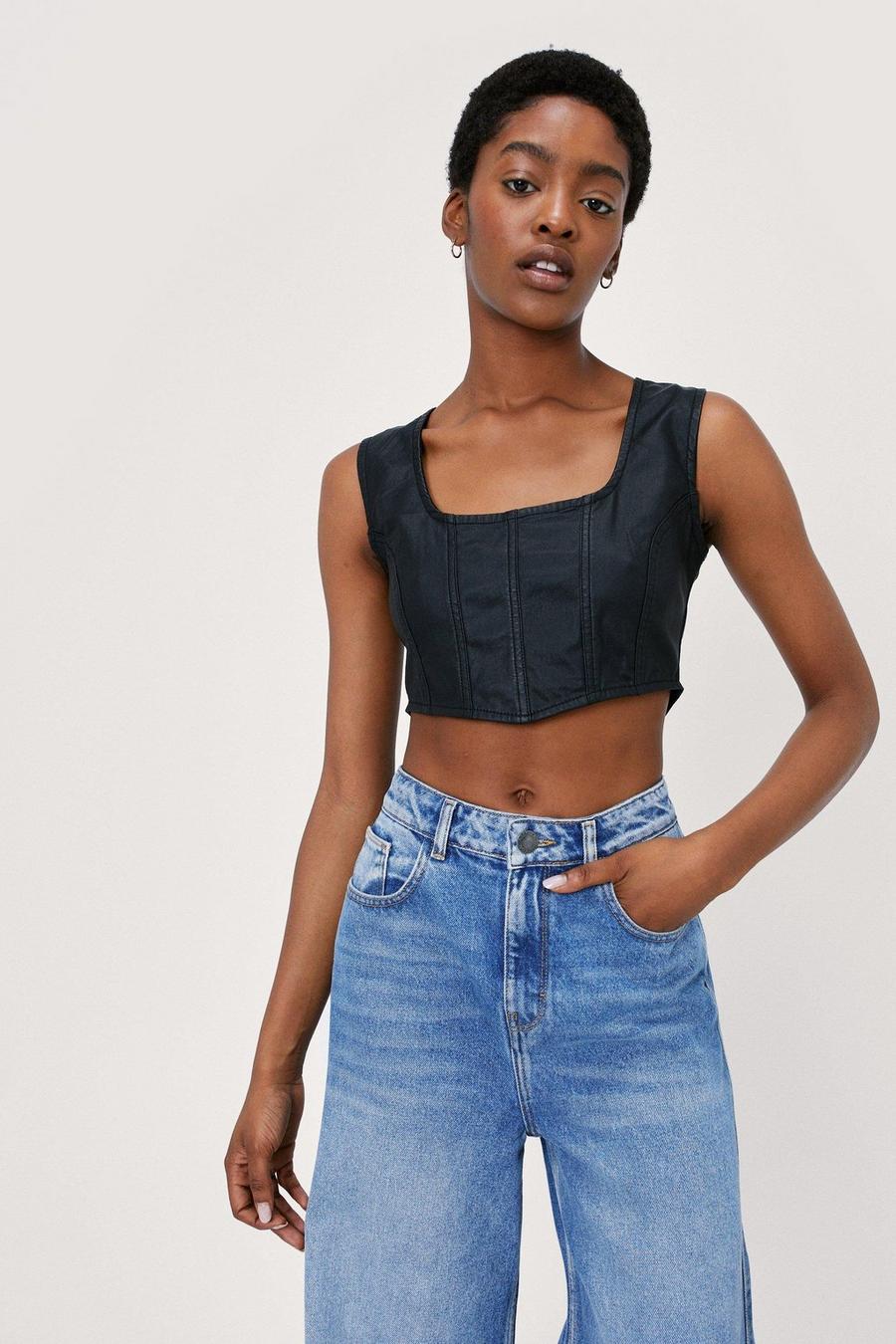 Black Recycled Coated Denim Seamed Corset Top