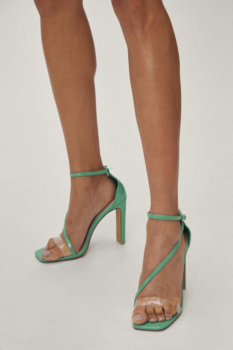 Green Patent Asymmetric Strap Square Toe Heels image number 1