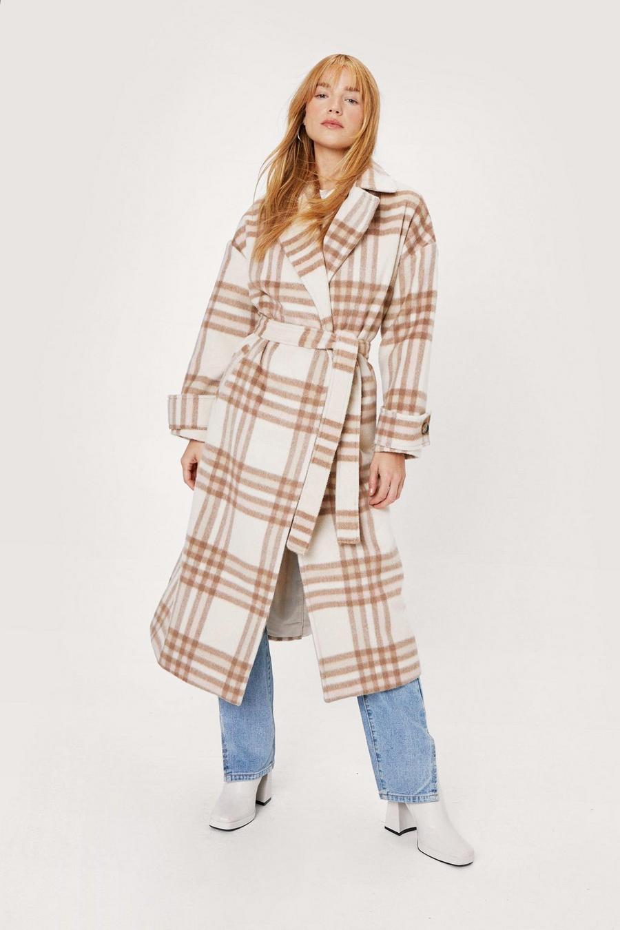 Pink Petite Check Print Belted Longline Coat