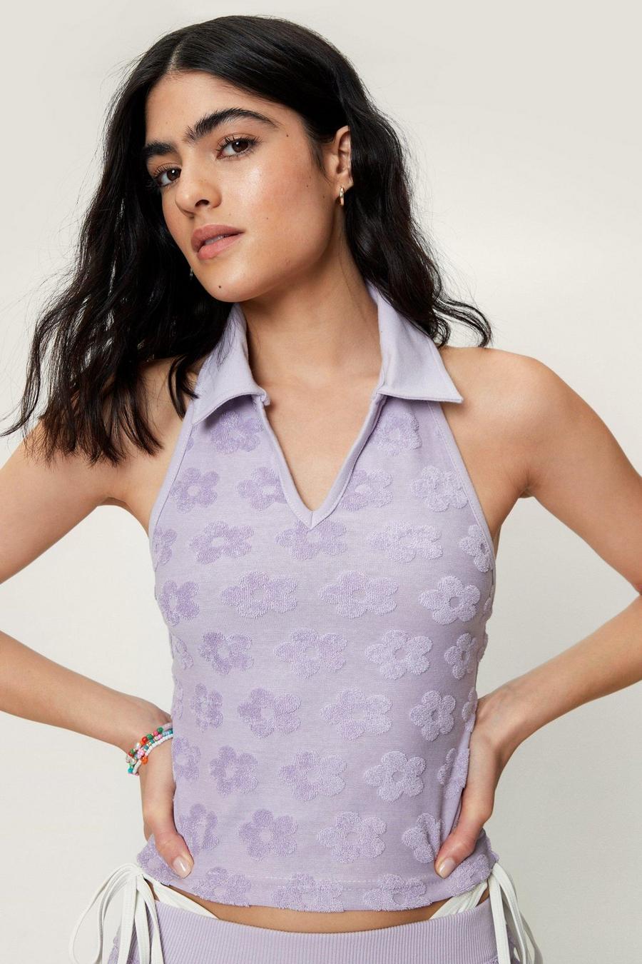 Floral Embossed Towelling Collar Racer Tank Top image number 1