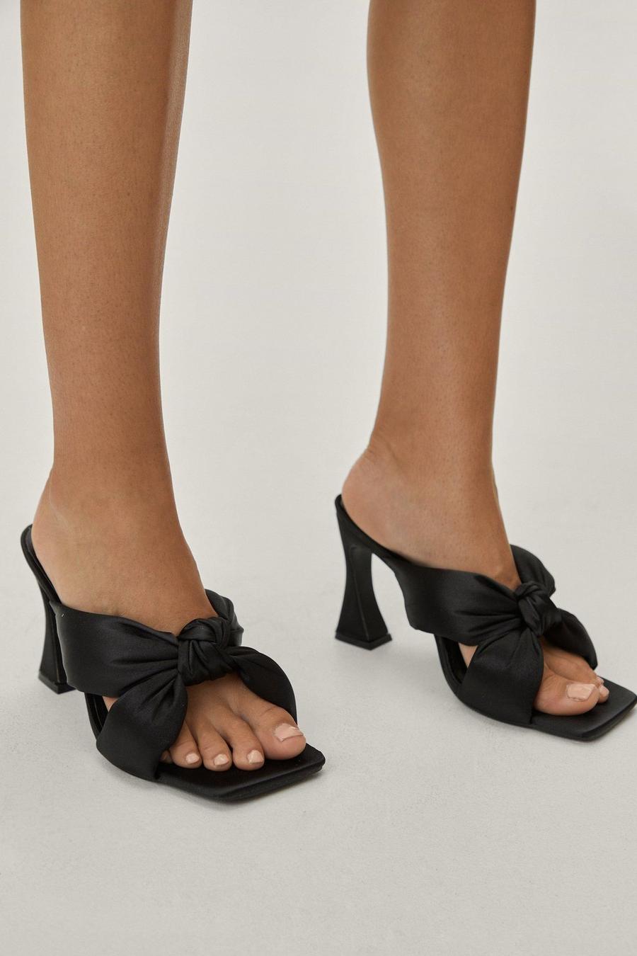 Black Satin Knot Front Heeled Mules