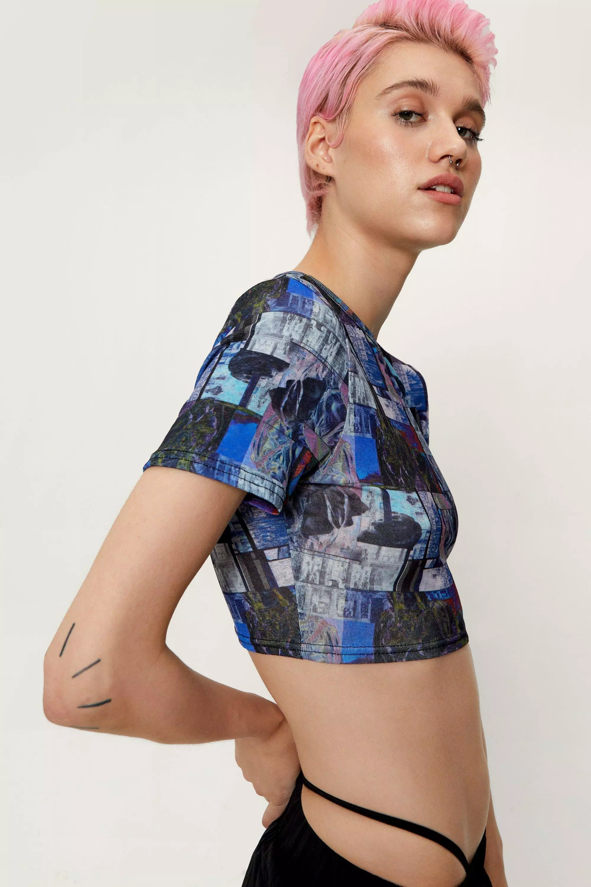 Blue Printed Crepe Mesh Top alternative image