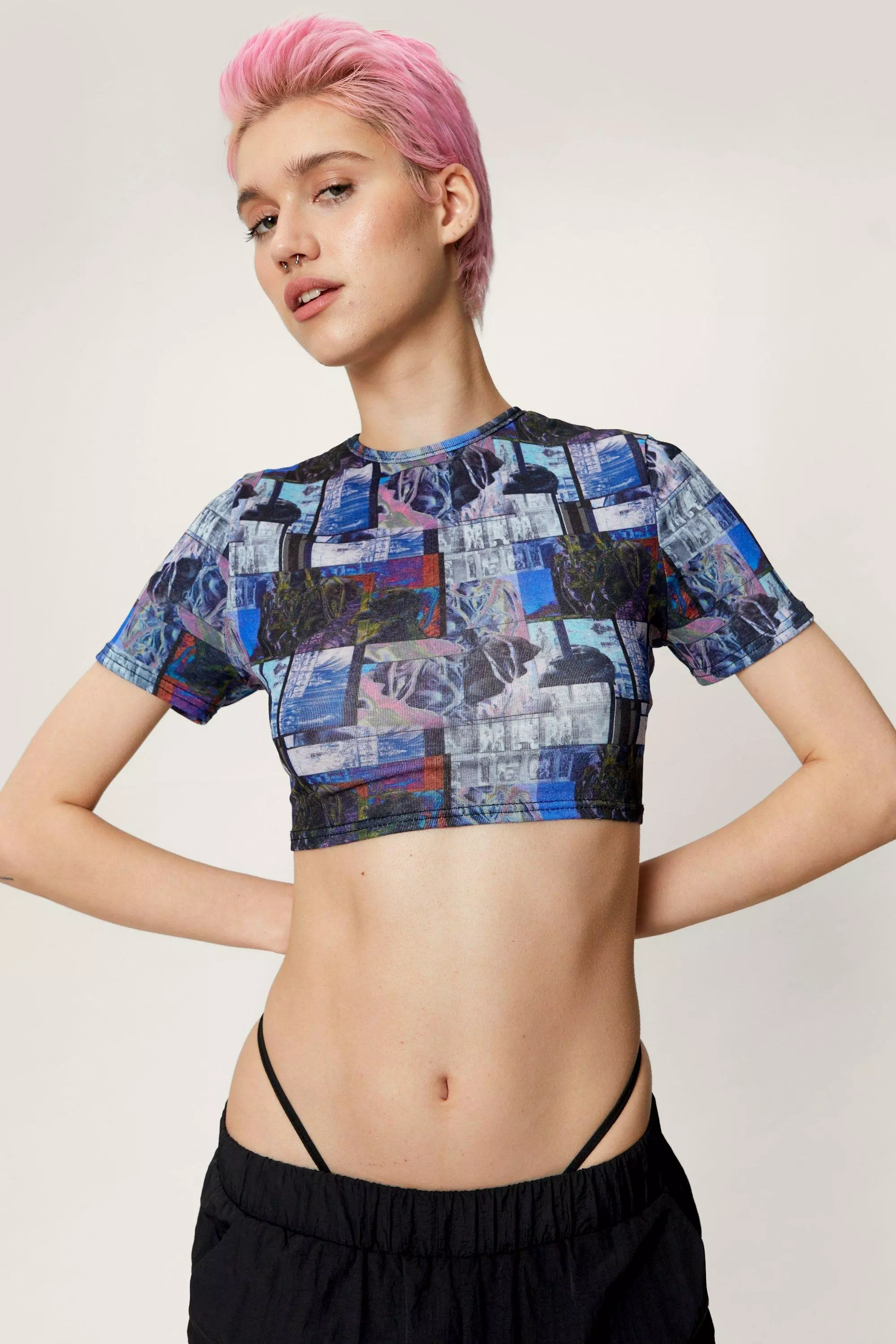 Blue Printed Crepe Mesh Top alternative image