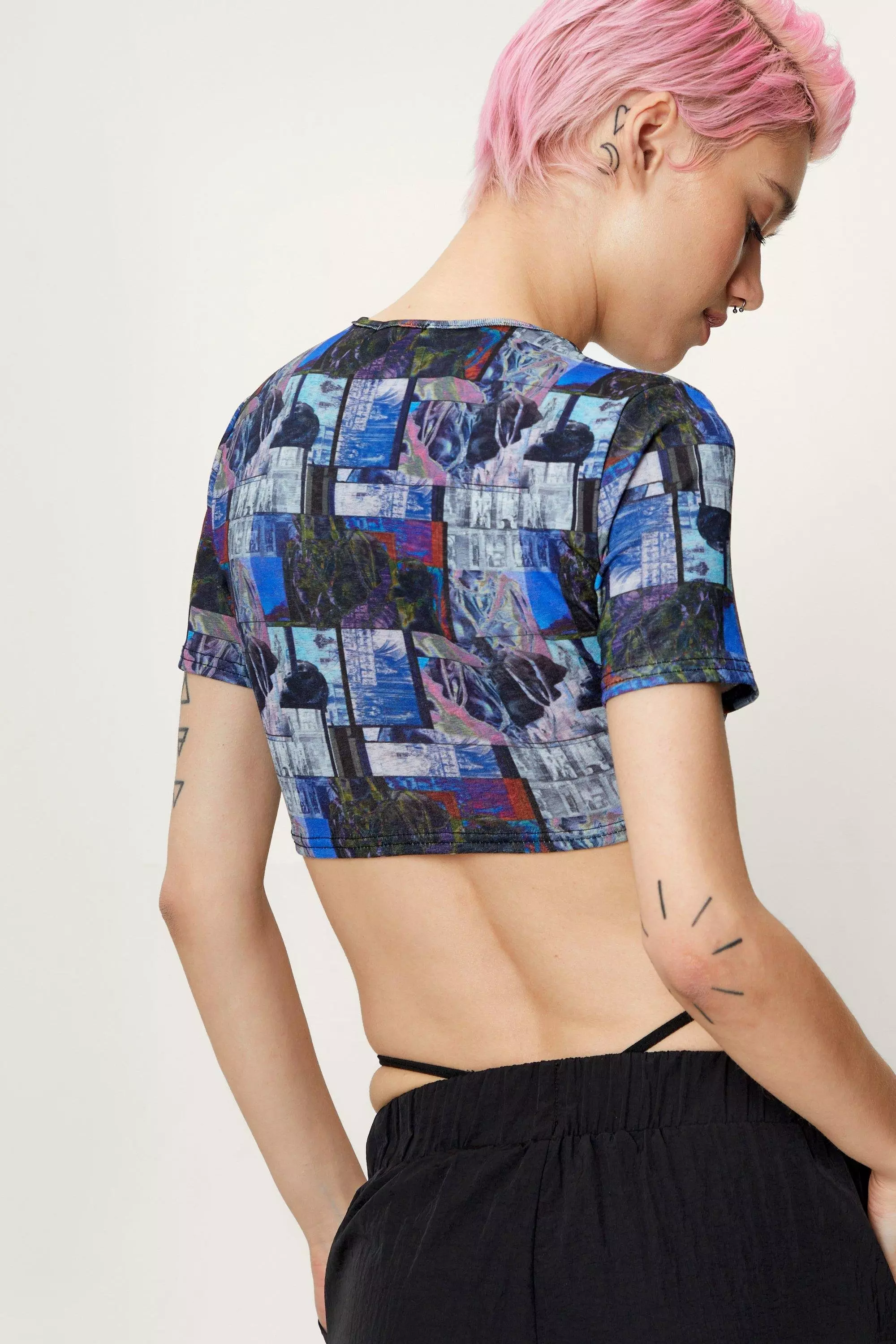 Blue Printed Crepe Mesh Top alternative image