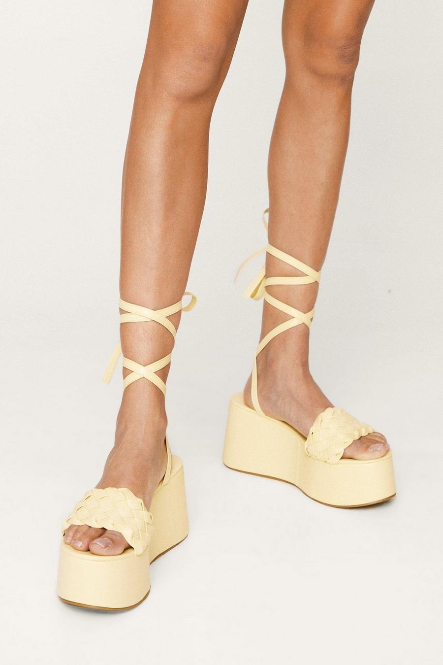 Lemon yellow Faux Leather Woven Flatform Ankle Tie Sandals