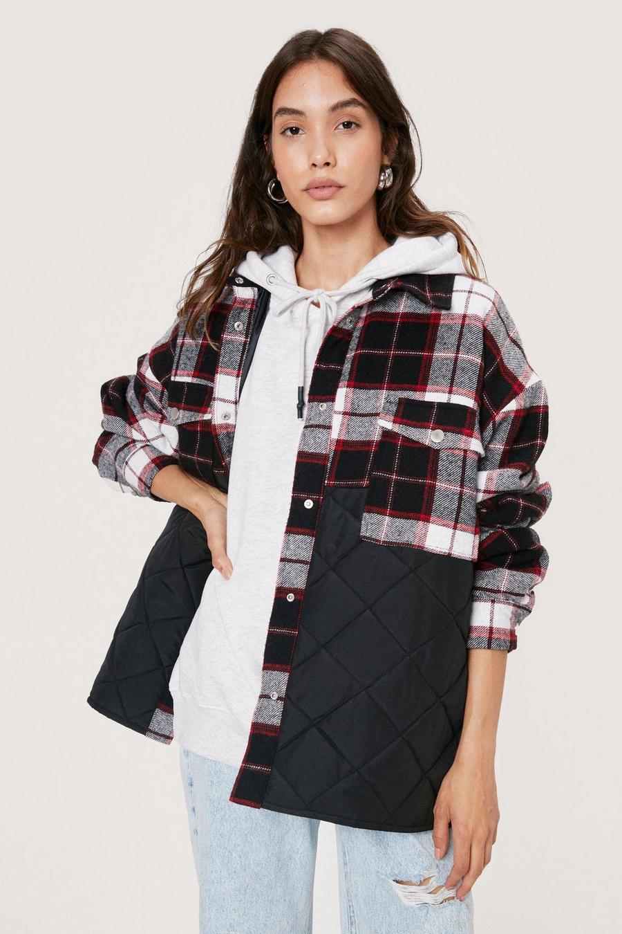 Red Quilted Panel Check Oversized Collared Shacket