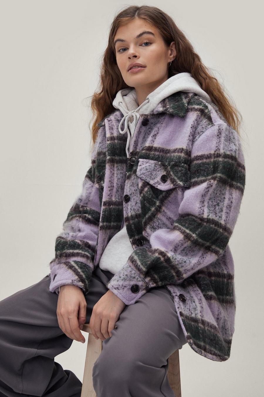Lilac purple Oversized Check Button Down Shacket