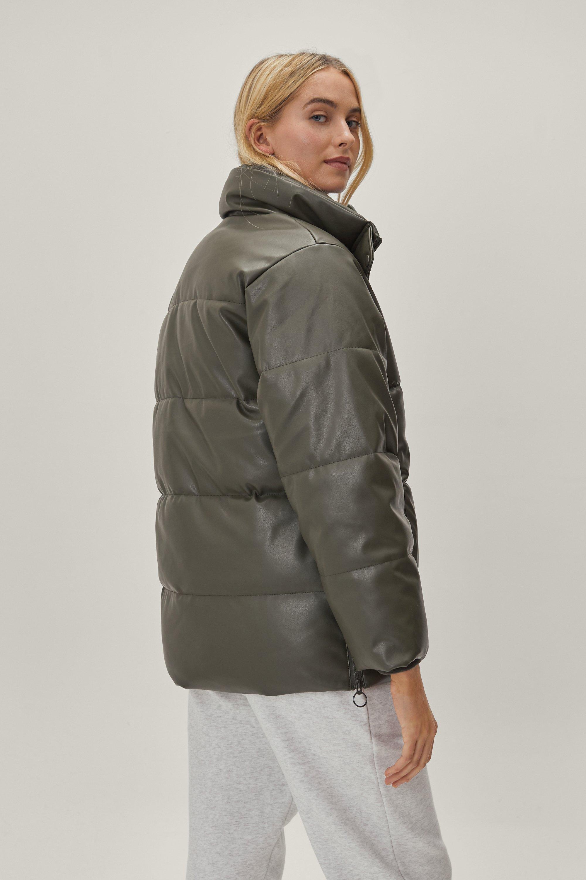 Faux Leather High Neck Padded Jacket boohoo
